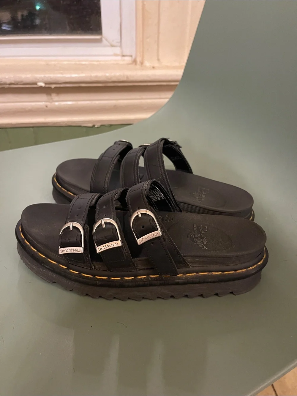 Dr. Martens Black Triple-Buckle Platform Slides